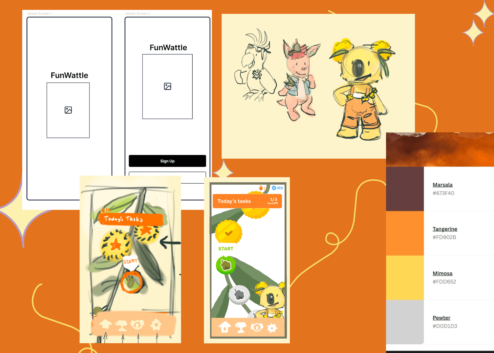 Initial, wireframe mobile screens from the completed FunWattle app