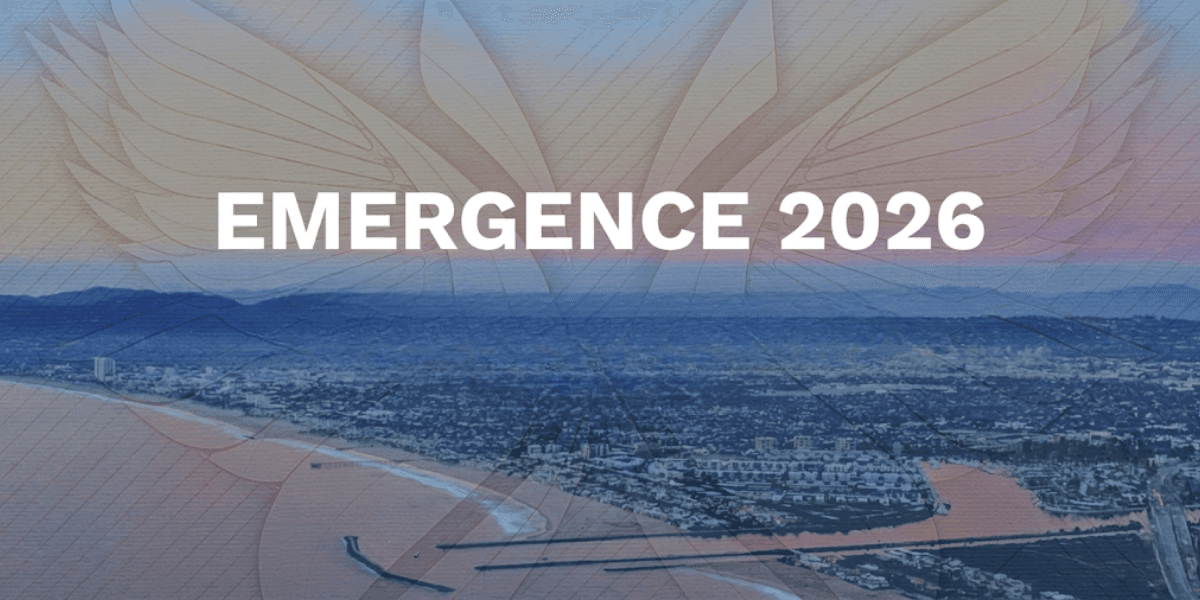 Aerial view of a coastal city at sunset with "EMERGENCE 2026" text overlay. The scene conveys a serene and hopeful tone, highlighting the horizon.