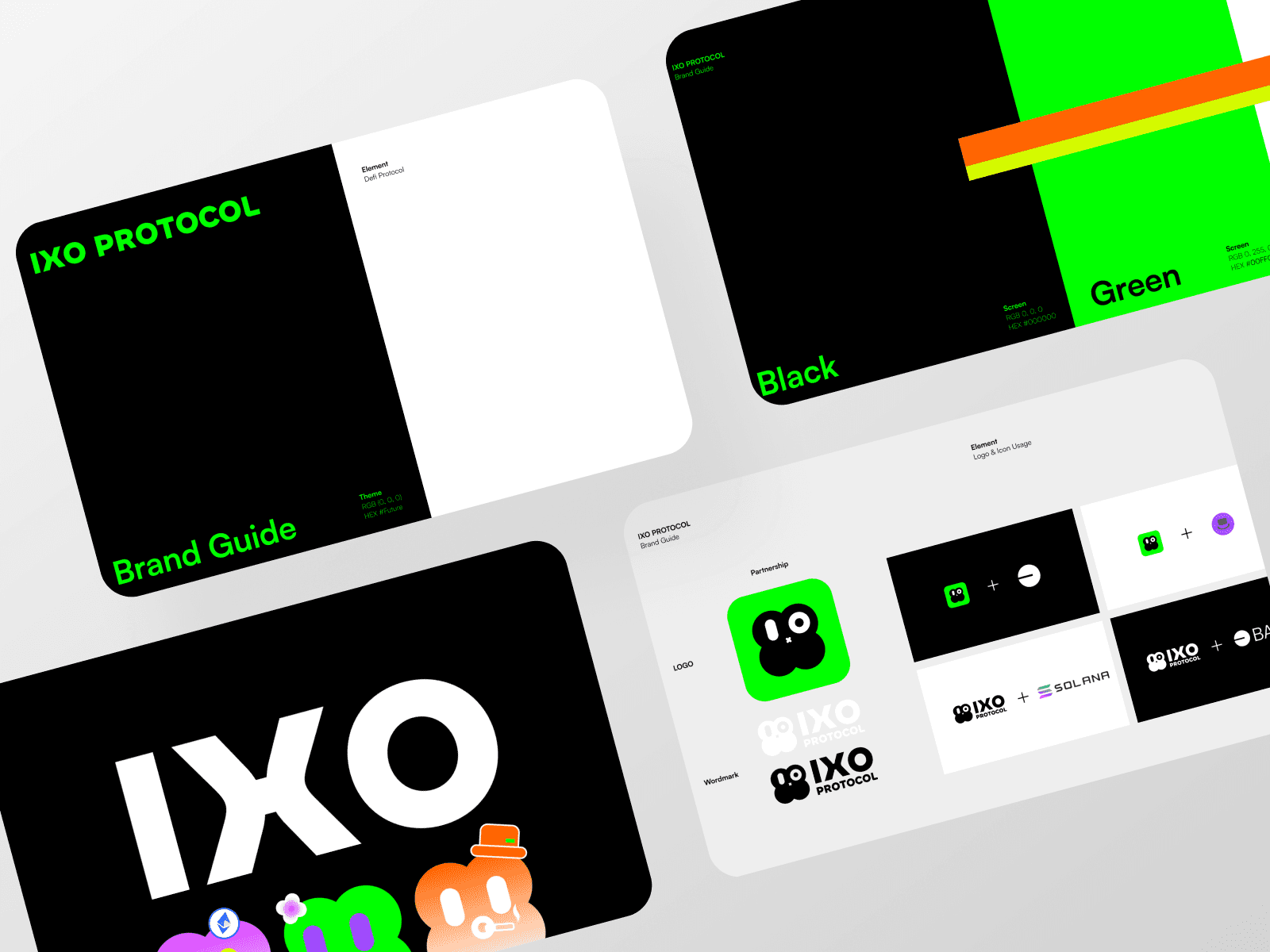 Visual identity for IXO Protocol by VaporAviator, featuring futuristic typography and structured data layouts, reflecting blockchain innovation.