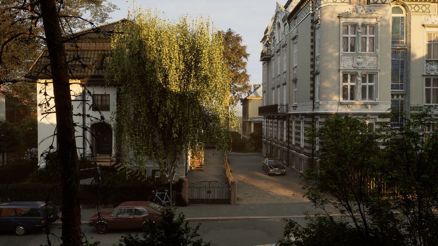 Two buildings, a grown tree, and three cars in 1980.