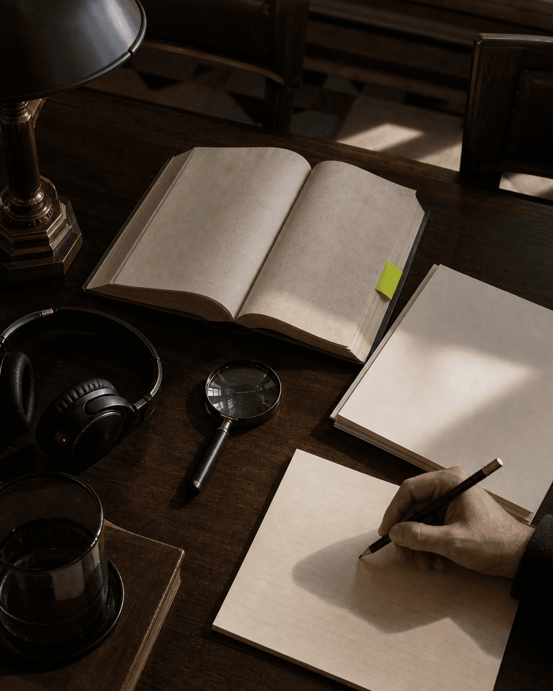 An open reference book, headphones, and magnifier arranged for public learning.