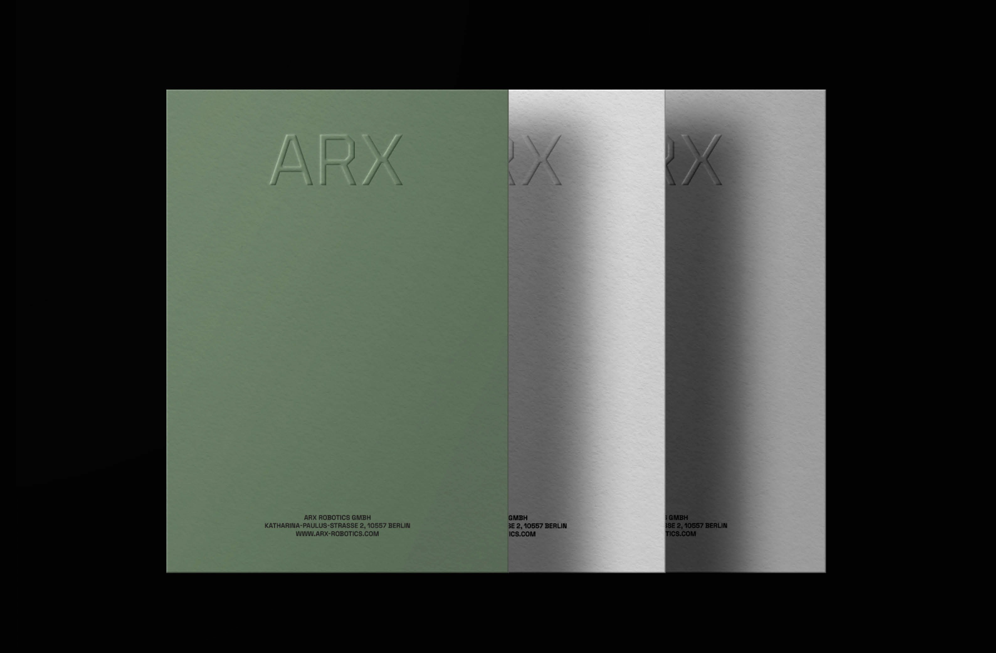 Modern branding design featuring the ARX logo on textured green and gray backgrounds.
