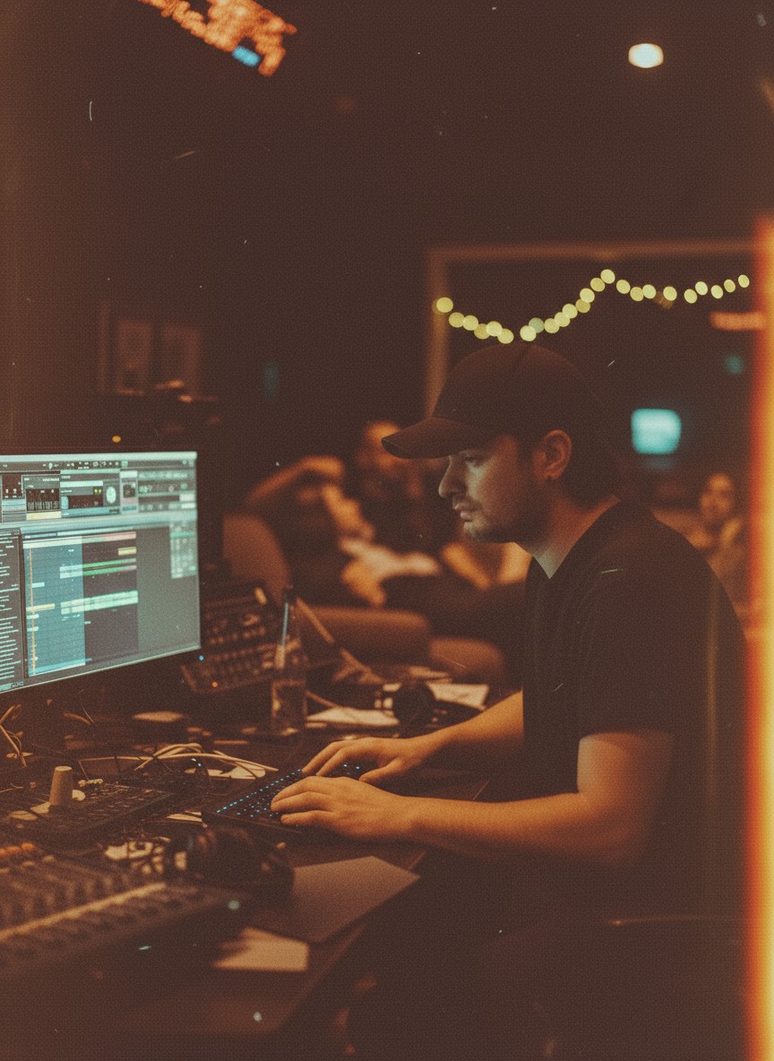 Adrian Klein working at a computer in a dimly lit music studio, DAW screen open, with people relaxing in the background.