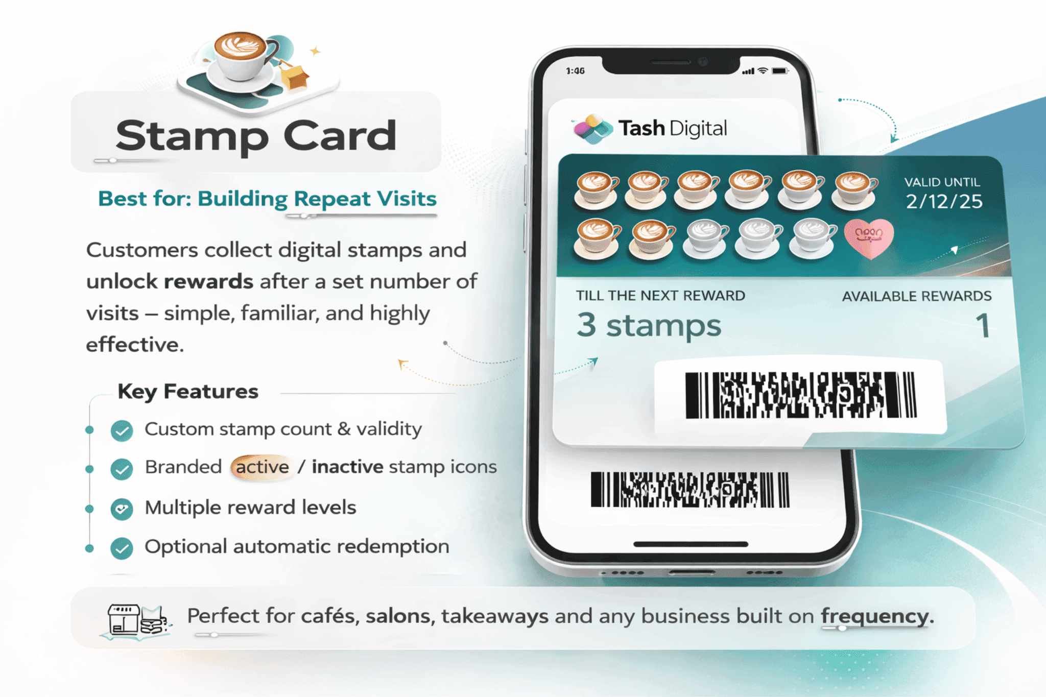 Digital Stamp loyalty card displayed on a smartphone screen showing Loyalty Optimizer branding, completed stamp icons toward a reward, remaining stamps to unlock, and a QR code for in-store scanning.