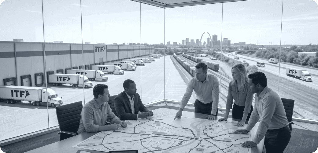 Logistics managers reviewing U.S. map highlighting St. Louis as a key national distribution hub