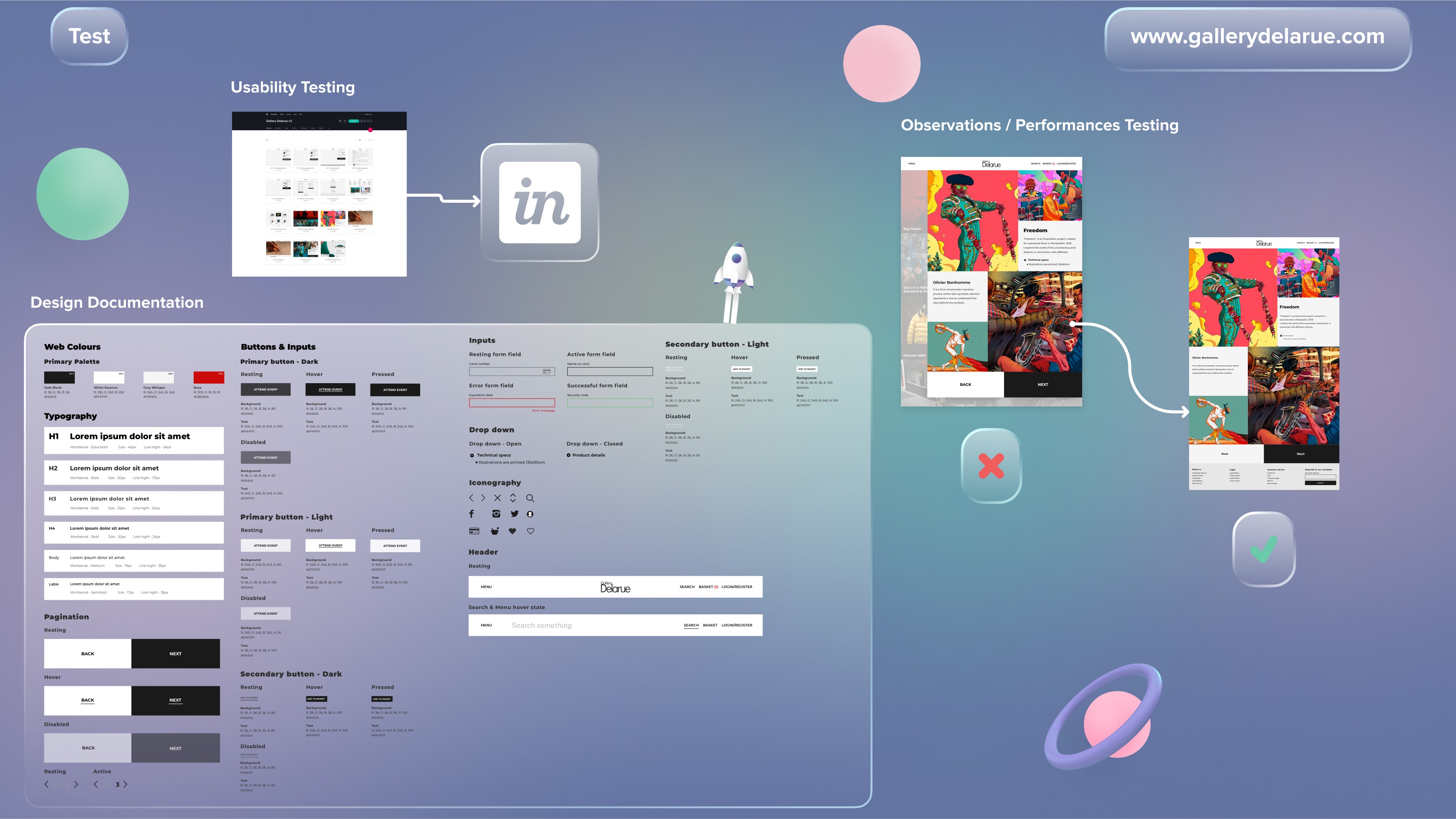 Testing and documentation: InVision prototype feedback, earlier and later versions of key screens, and the design guide
