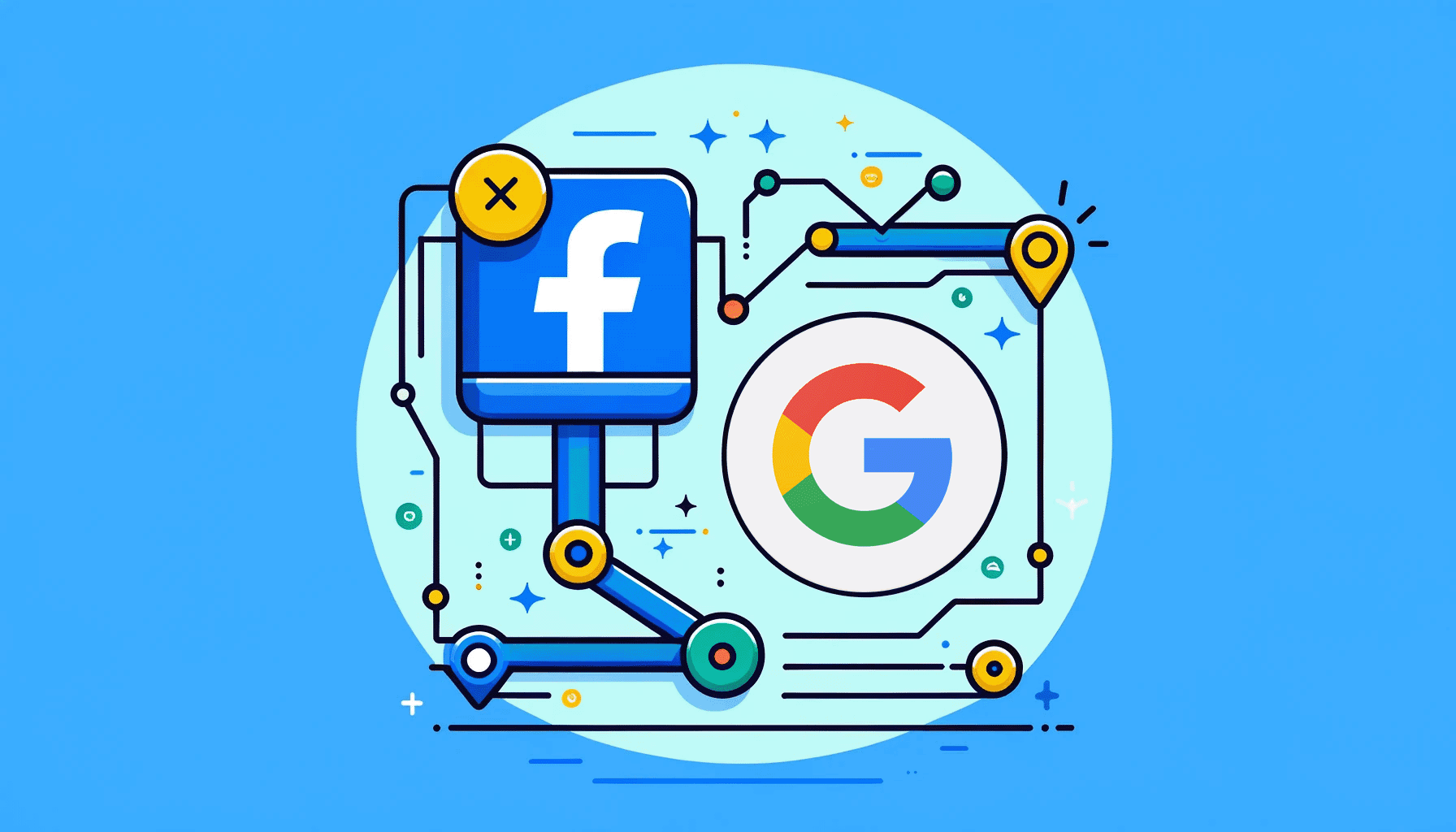 The hero image for this blog post, depicting interconnected Facebook and Google logos