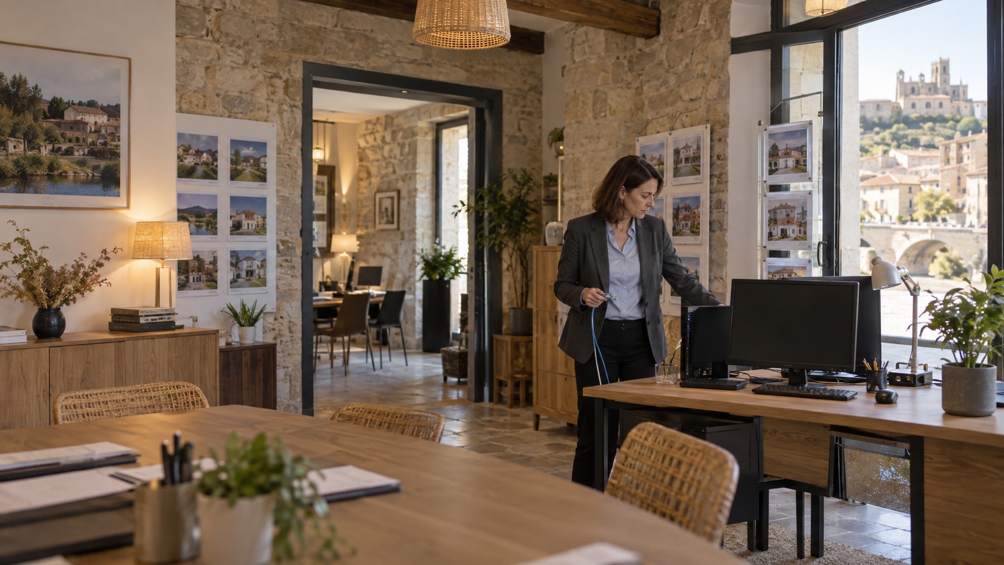 Gérante d’une agence immobilière aux murs de pierre débranchant le câble réseau d’un poste de travail, la cathédrale de Béziers visible par la fenêtre