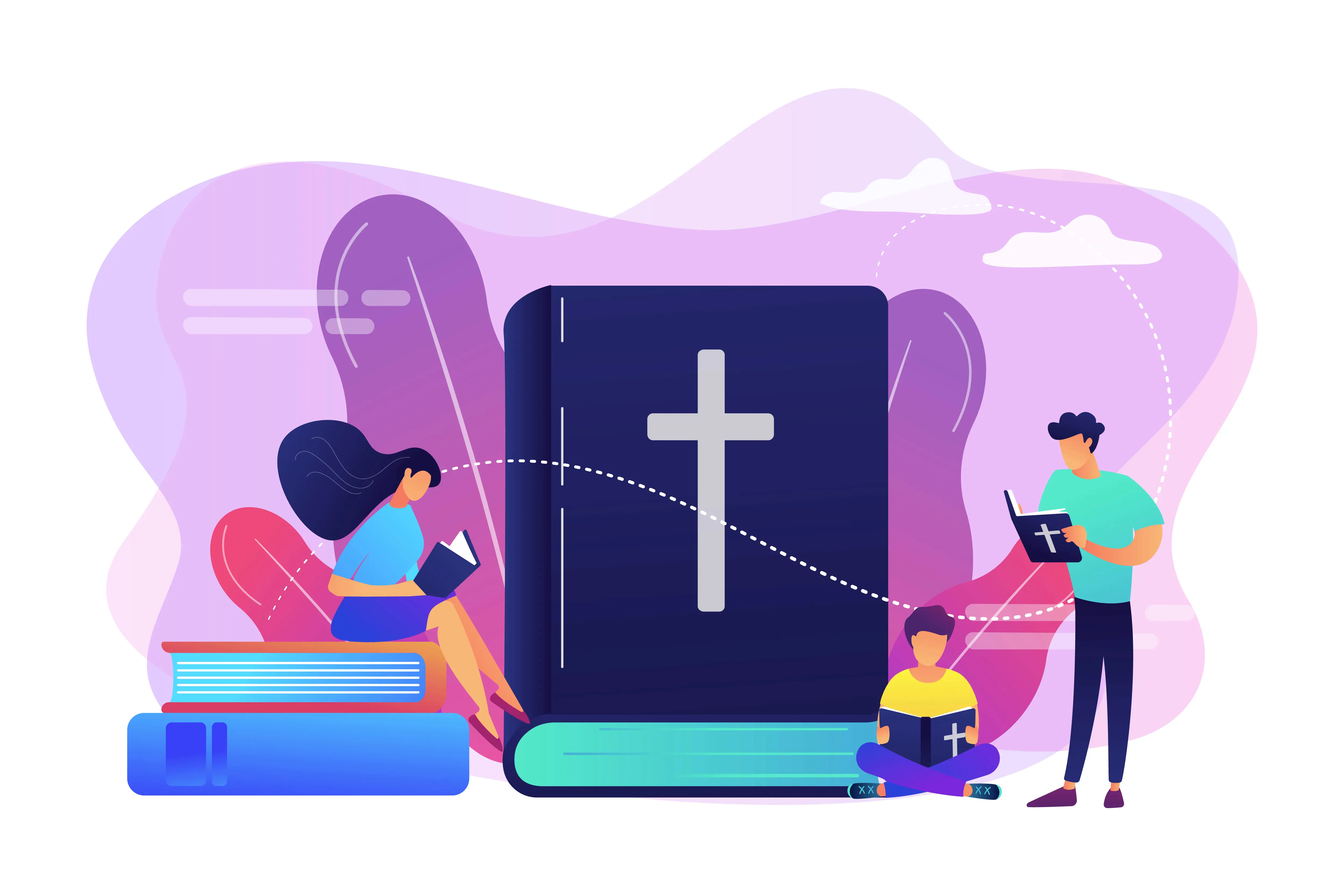 Ilustración de personas leyendo la Biblia alrededor de una Biblia grande, que simboliza el liderazgo de alabanza y la preparación ministerial.