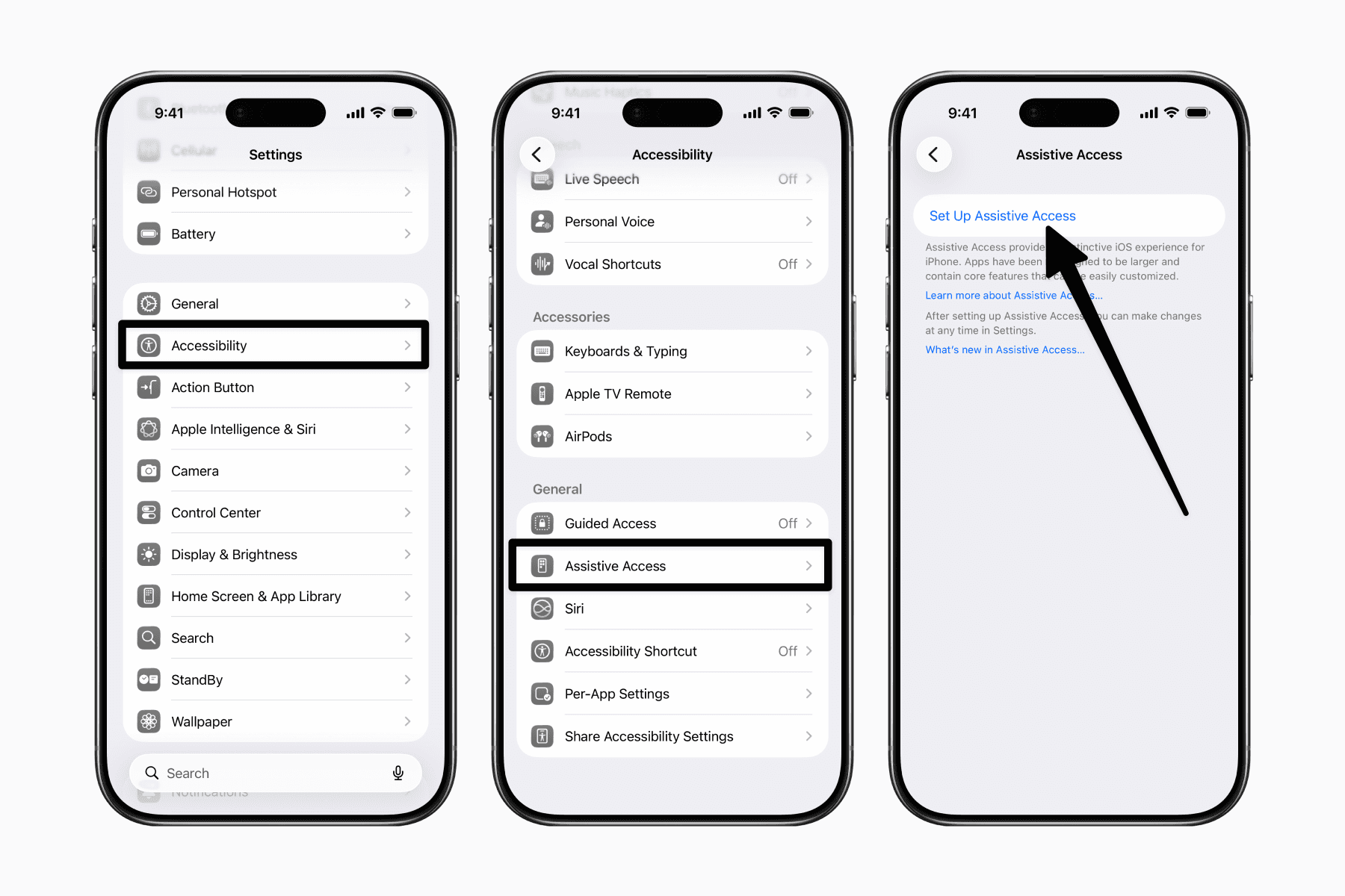 Navigation to Assistive Access in iPhone Settings