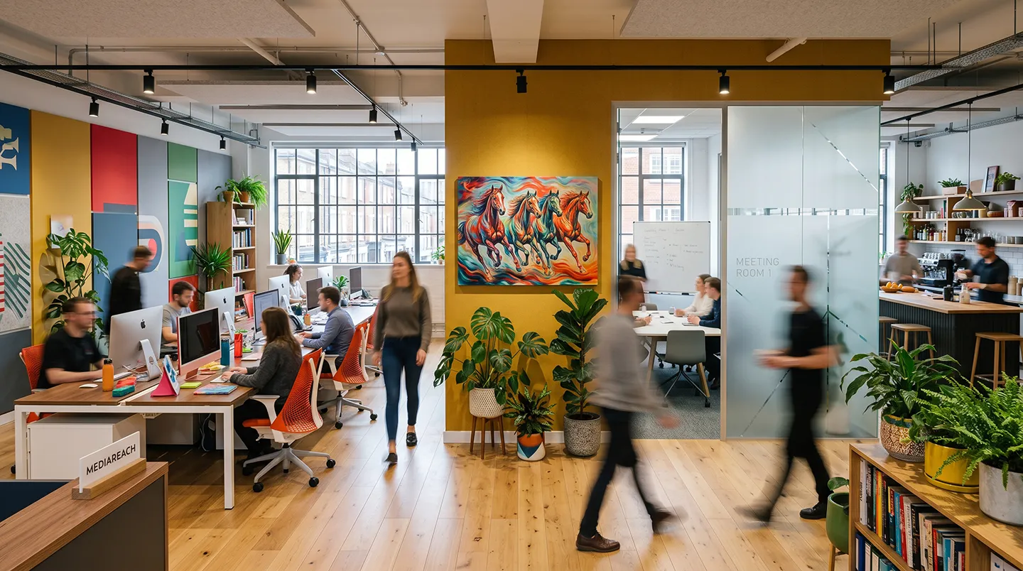 Mediareach creative agency office showcasing 40 years of excellence with dynamic team, natural light, and inclusive collaborative environment
