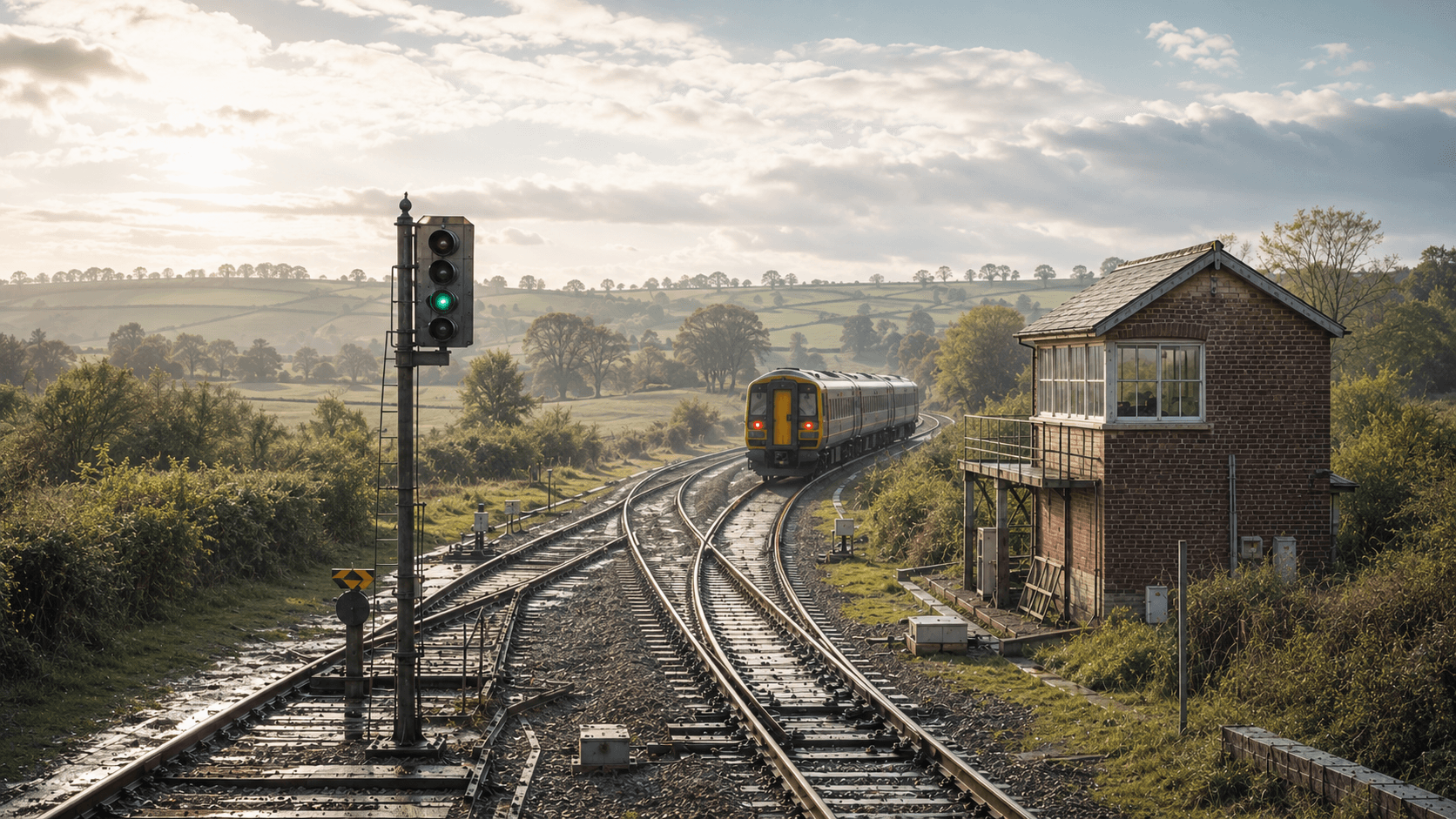 A green signal guides a regional train through wet railway tracks beside a British signal box on a bright morning.