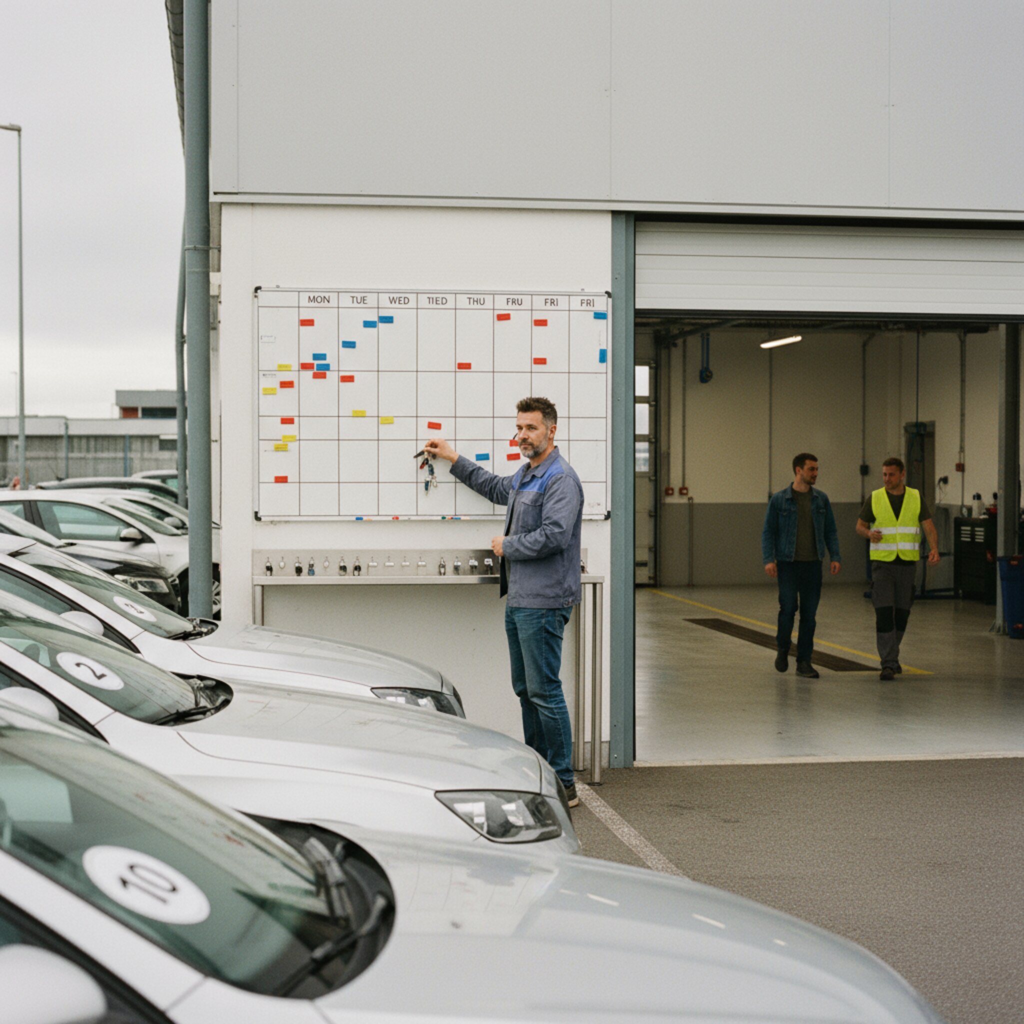 Auf einem Hof parkt eine kleine Flotte mit aufgeklebten Nummern an den Windschutzscheiben. Ein Servicekoordinator sortiert Schlüssel nach Etiketten und telefoniert über ein Headset. In der Halle wartet ein freier Platz. Neben der Tür hängt ein Plan mit farbigen Magneten. Teamwork und Routine sind spürbar.