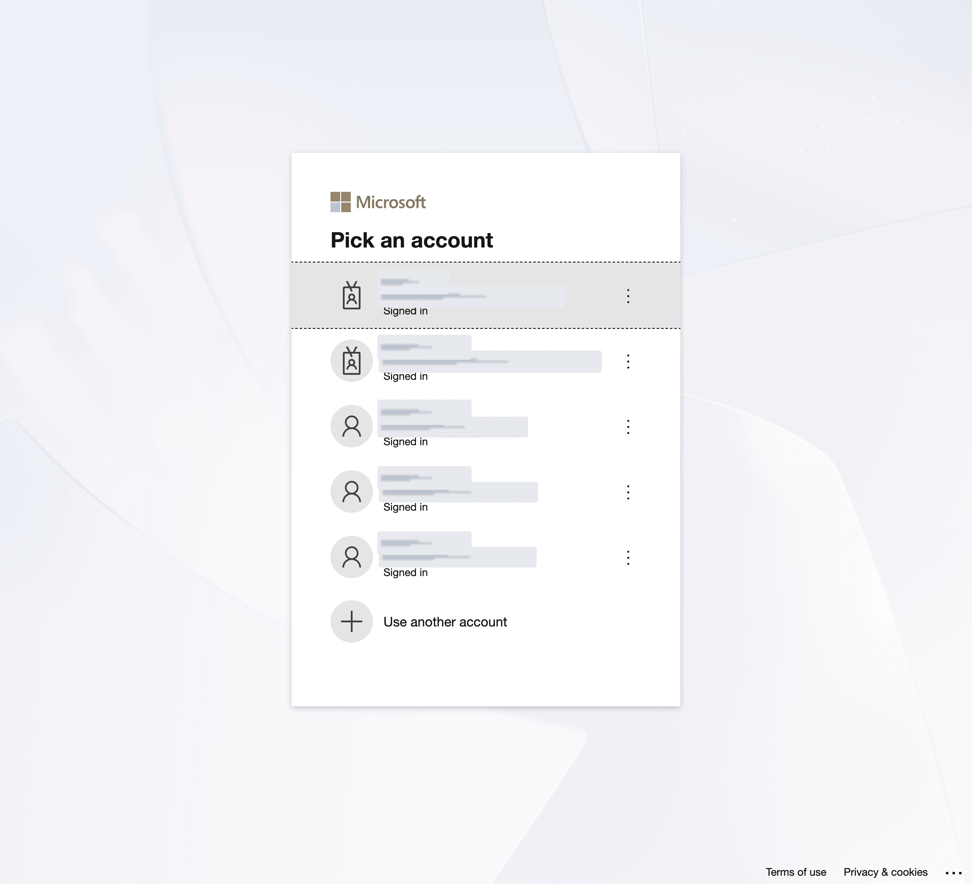 Microsoft Pick an account page