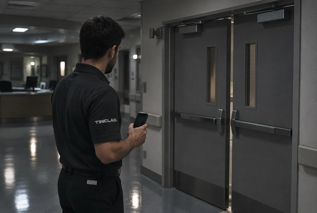 Tinclad technician checking hospital cross-corridor doors at night