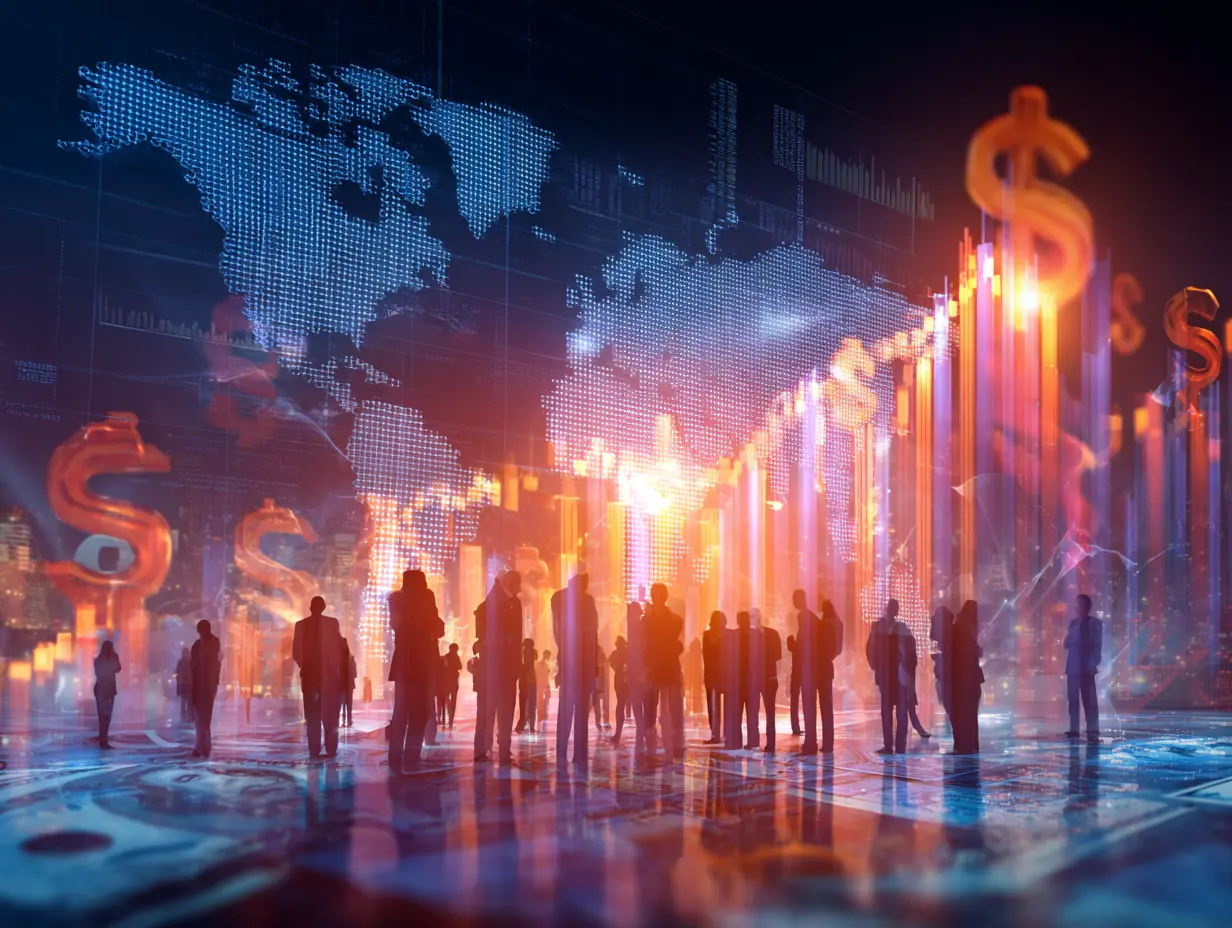Group of modern Indian business leaders, digitally blended into a glowing cityscape, standing with tablets and devices among holographic data displays, suggesting collaboration and innovation.