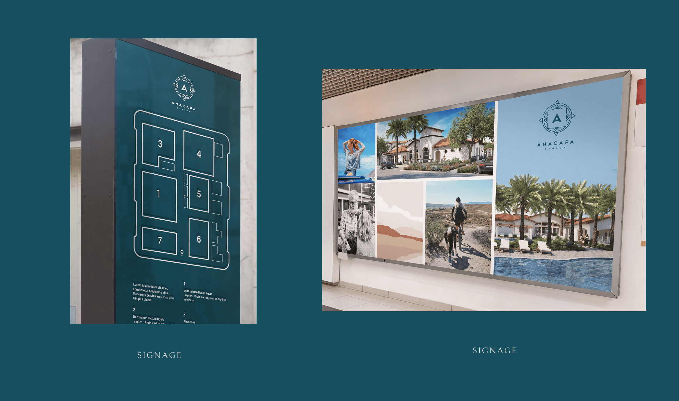 Teal site map sign with numbered buildings and the Anacapa Canyon logo, beside a wall-mounted display of building and lifestyle photos.
