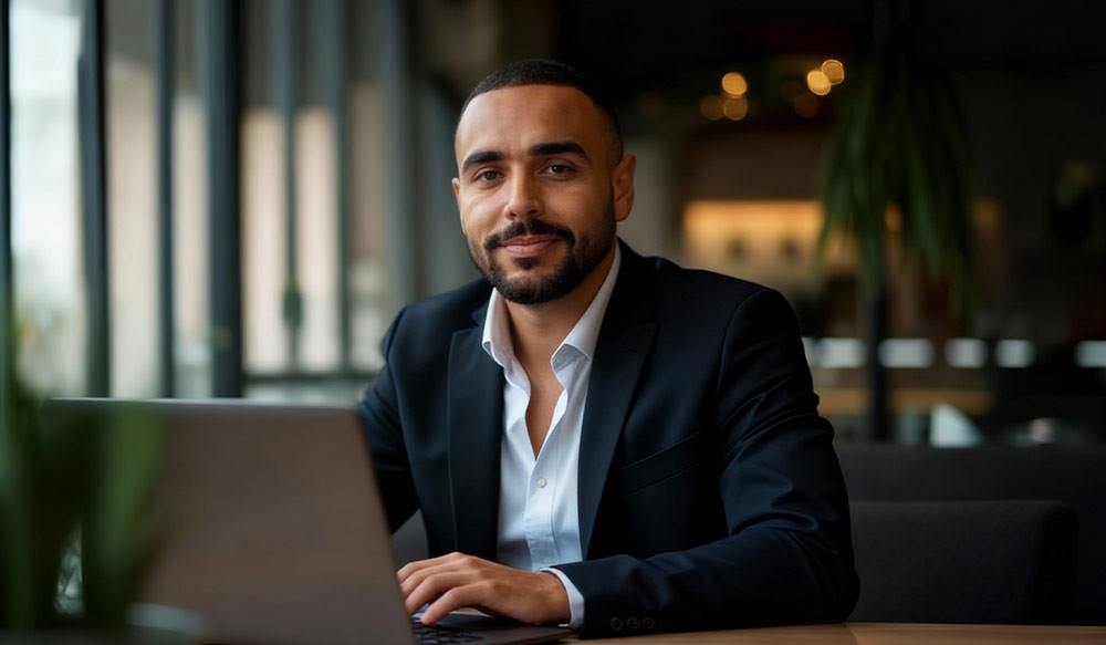 Executivo de RH sentado em uma mesa de trabalho em um escritório bem iluminado.