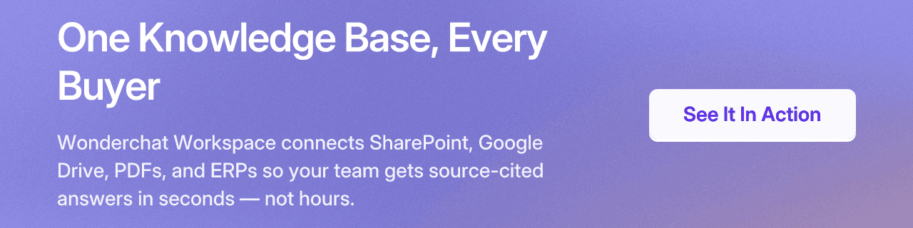 One Knowledge Base, Every Buyer. Wonderchat Workspace connects SharePoint, Google Drive, PDFs, and ERPs so your team gets source-cited answers in seconds — not hours. See It In Action