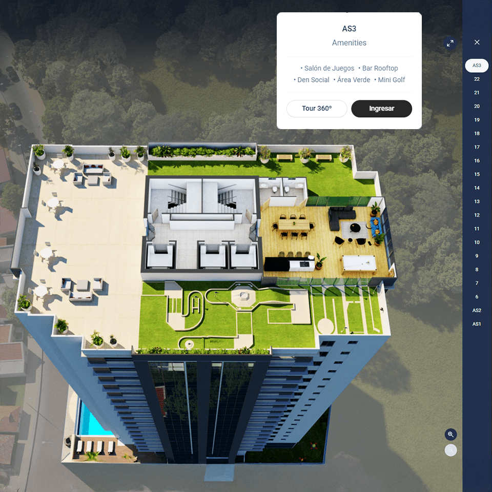 3D top-down visualization of a modern high-rise rooftop with social spaces, green areas, bar, lounge, and mini golf — an immersive digital asset by 3D CBA designed to showcase premium amenities before construction begins.