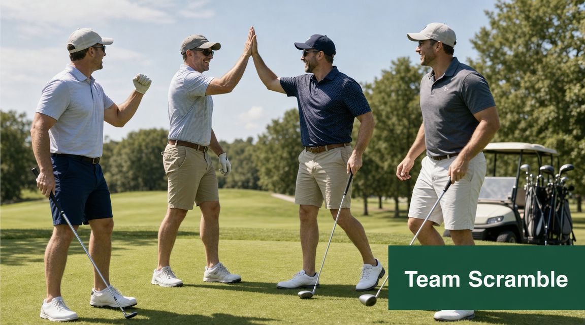 Four men in golf attire celebrating and high-fiving on a sunny green golf course fairway.
