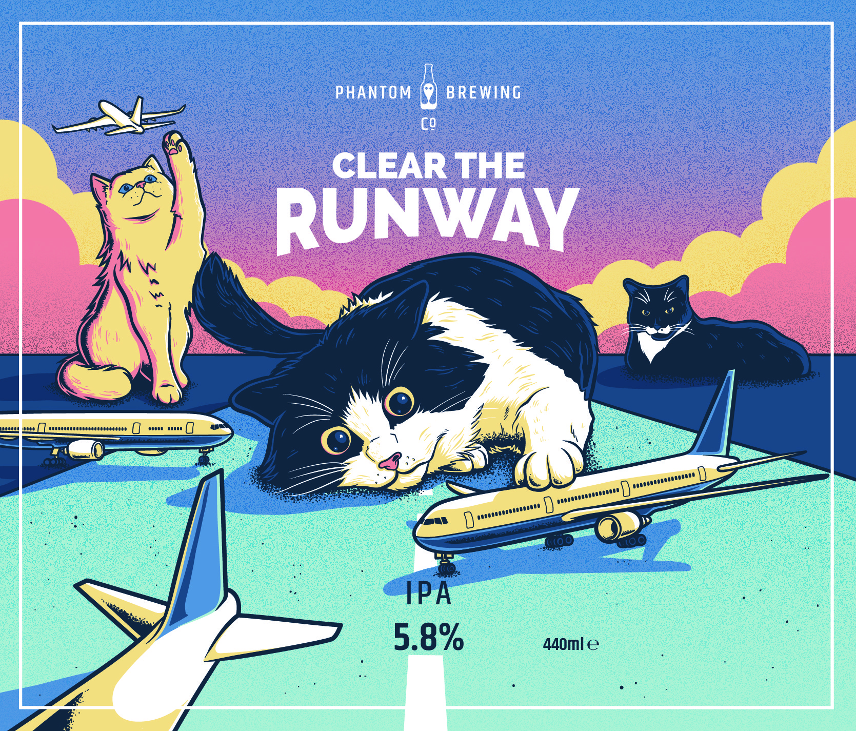 Phantom Brewing Packaging illustration showing a cat playing with planes and the title 'Clear the runway'