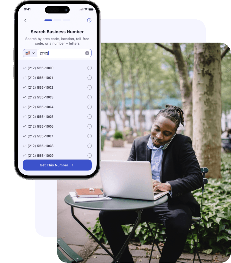 Mobile screen shows business phone number selection. A person in a suit uses a cell phone and laptop, highlighting small business communications.