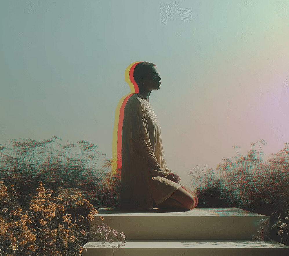 Silhouetted person meditates in robe on steps with colorful aura.