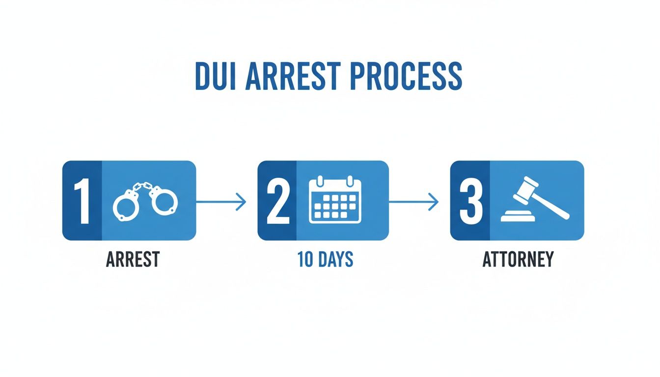 A clear flowchart outlining the DUI arrest process, from arrest to 10 days, then contacting an attorney.