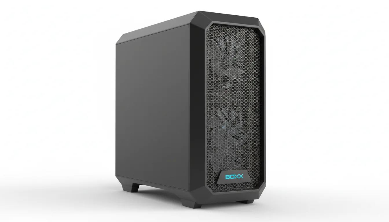 DSLR product photography of a high-performance BOXX brand computer workstation tower, featuring a matte dark charcoal metal chassis with an angular, minimalist design. The front panel is dominated by a black honeycomb mesh grille. Shot from a three-quarters perspective against a seamless, pure white studio background under soft studio lighting, with the entire object in sharp focus.