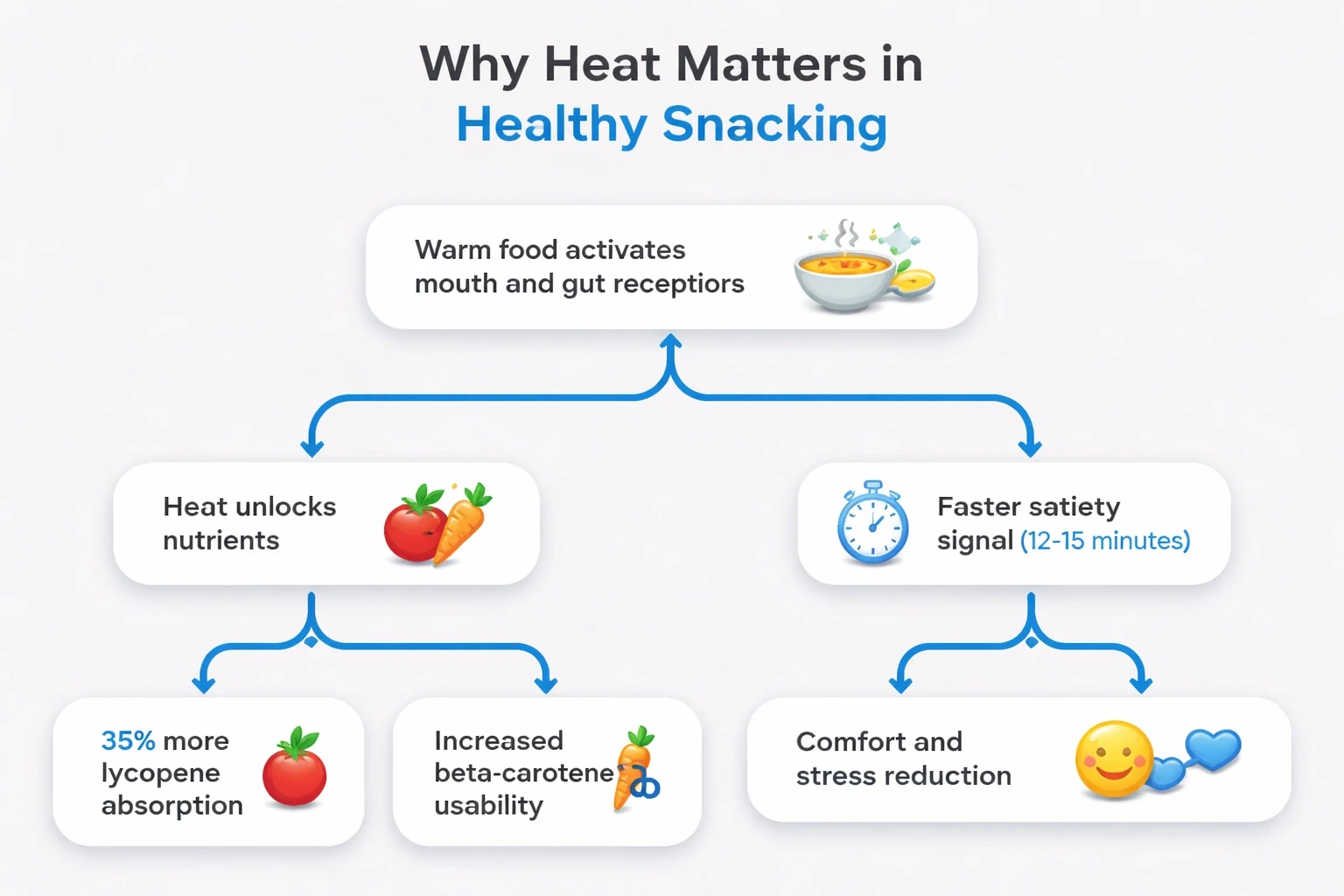 Flowchart showing benefits of hot snacks: activation of satiety receptors, quicker fullness, enhanced nutrient absorption (lycopene, beta‑carotene), and comfort, designed with modern flat style, light gray background and blue accents.