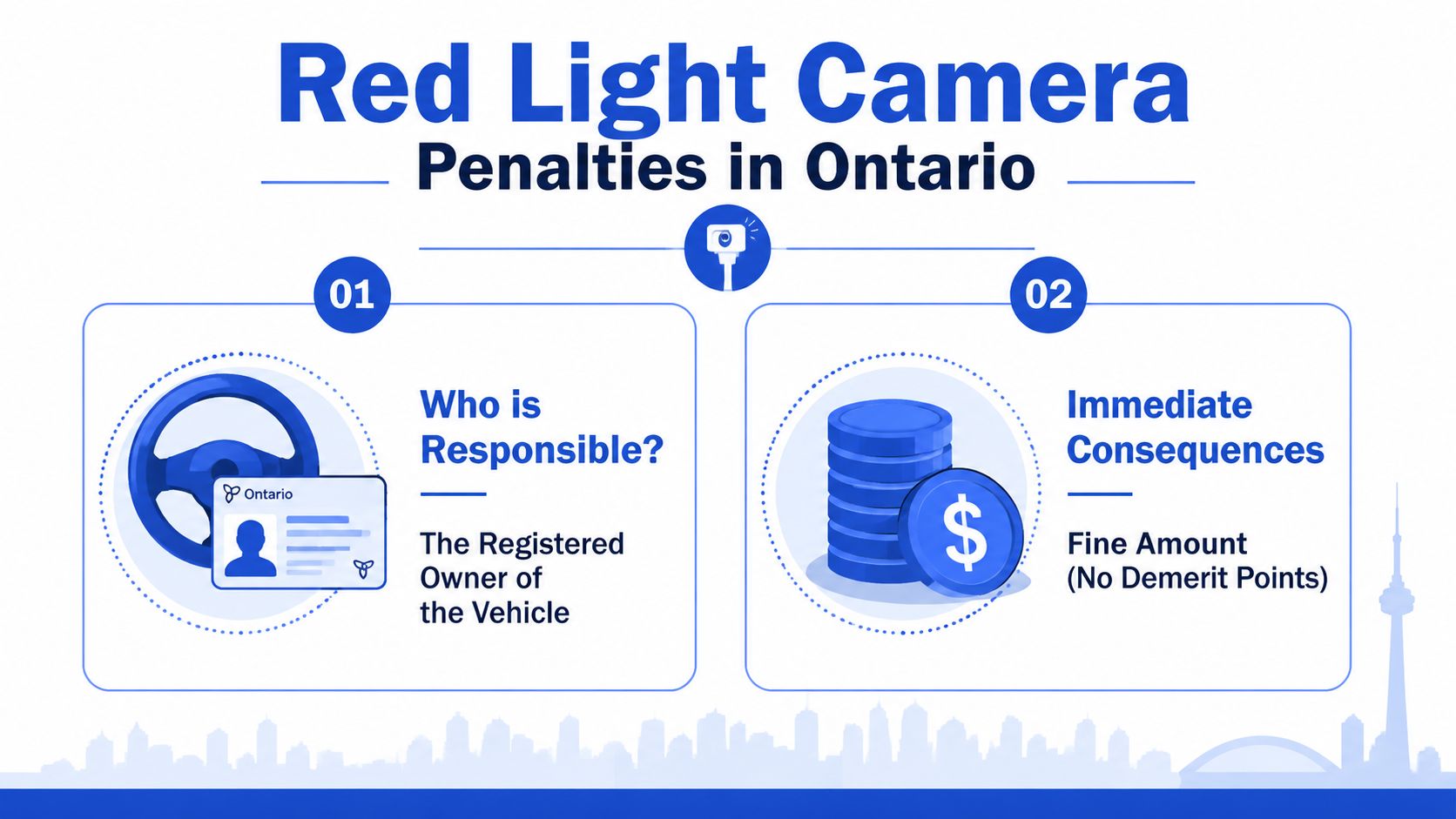 An infographic explaining the penalties and responsibility for red light camera traffic violations in Ontario, Canada.