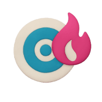 A target symbol featuring a blue circle with a white ring, accompanied by a pink flame on the side.