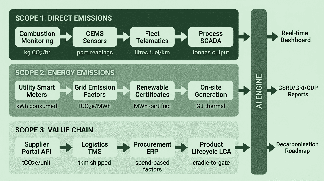 Scope 1, 2, and 3 emissions data architecture showing specific data sources per scope including combustion sensors, fleet telematics, utility meters, grid factors, supplier APIs, and logistics TMS flowing through an AI engine into real-time dashboards, compliance reports, and decarbonisation roadmaps