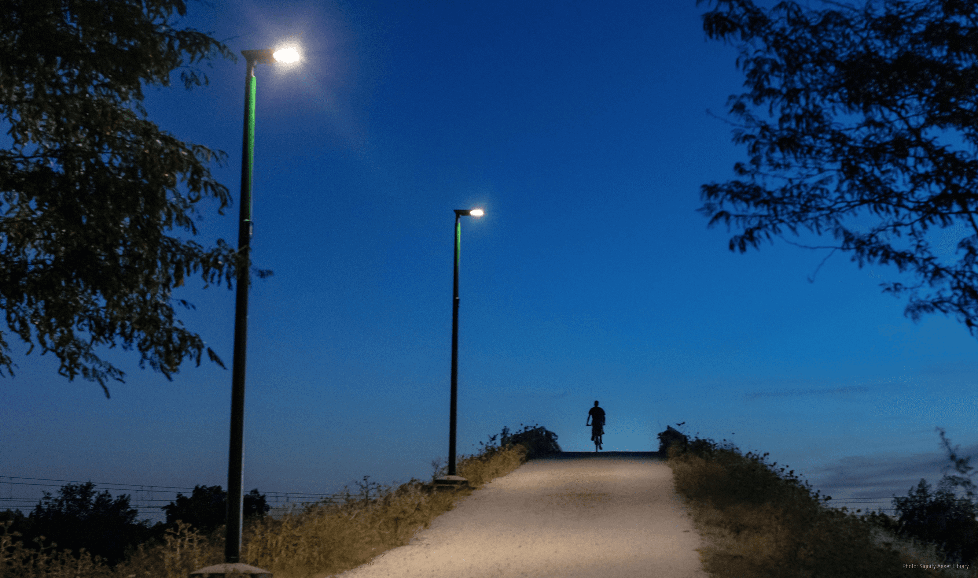 Photo of a person riding bicyle at night in a park