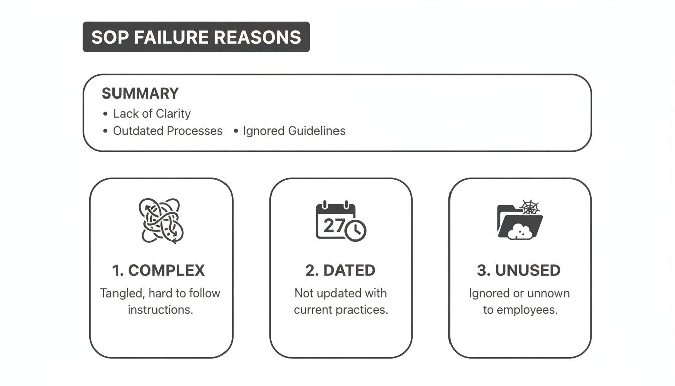 Infographic showing SOP failure reasons: complex, dated, and unused procedures, with a summary.
