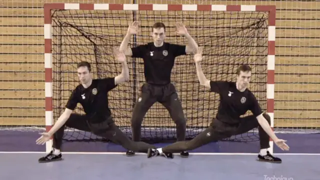 Composite image showing a handball goalkeeper in a ready stance and two low hand-leg save positions in front of the goal.
