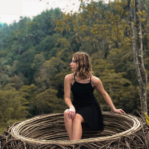 A woman in a black dress sits in a large, nest-like structure with a forest backdrop.