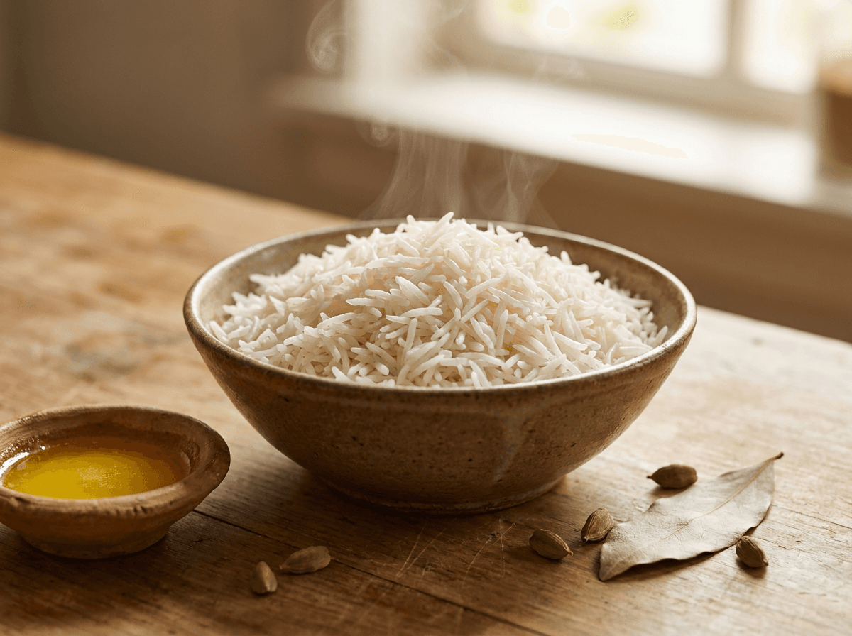 Bowl of fluffy steamed basmati rice on a wooden countertop with ghee, bay leaf, and cardamom pods nearby.
