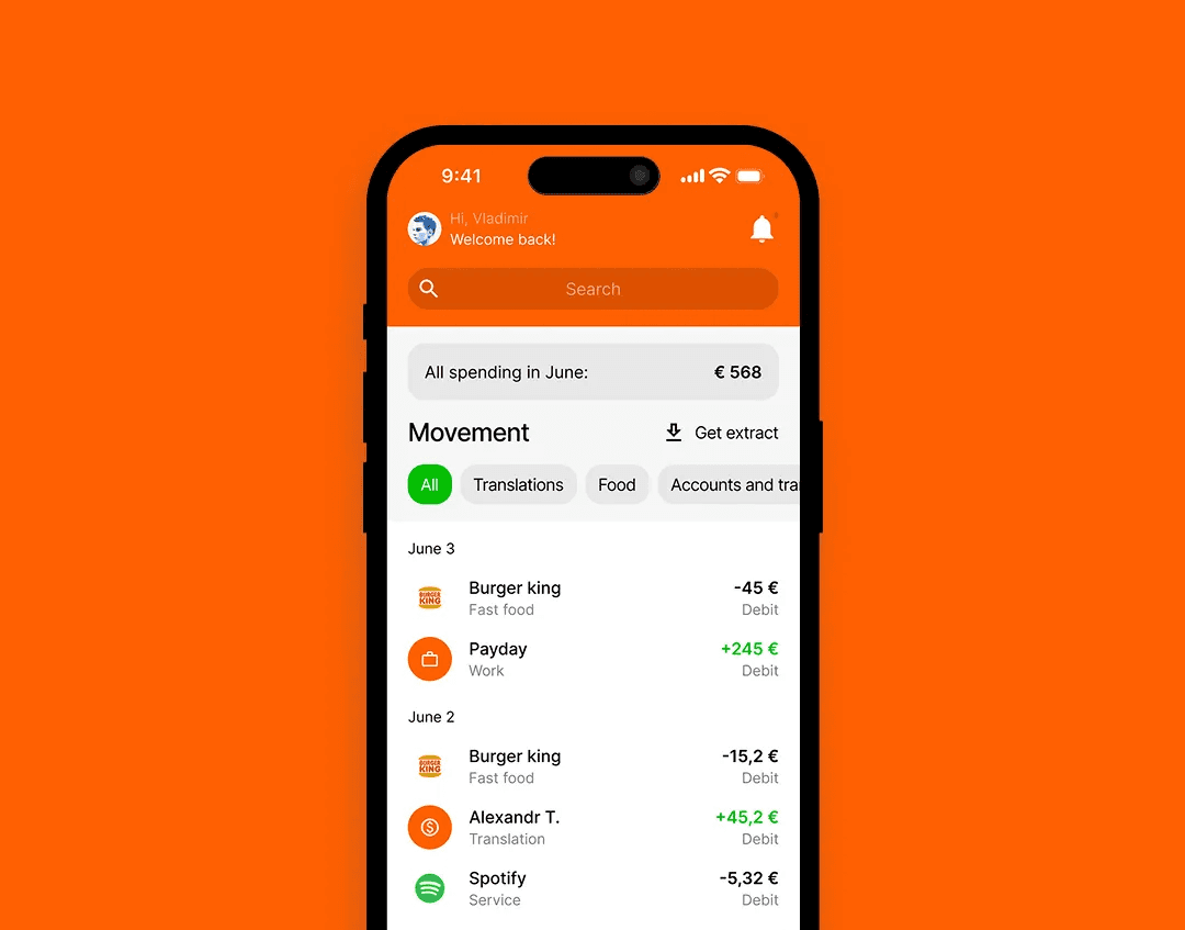Mobile banking app interface with orange UI and payment flow