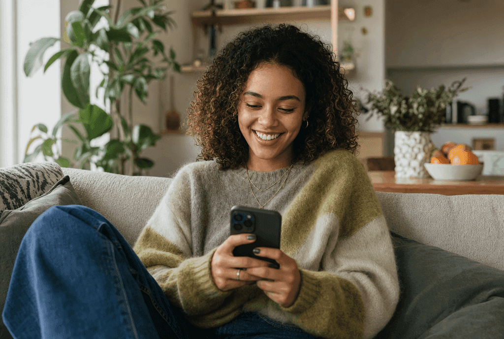 Young woman holding out her phone showing her Chest Score Personal Pension app