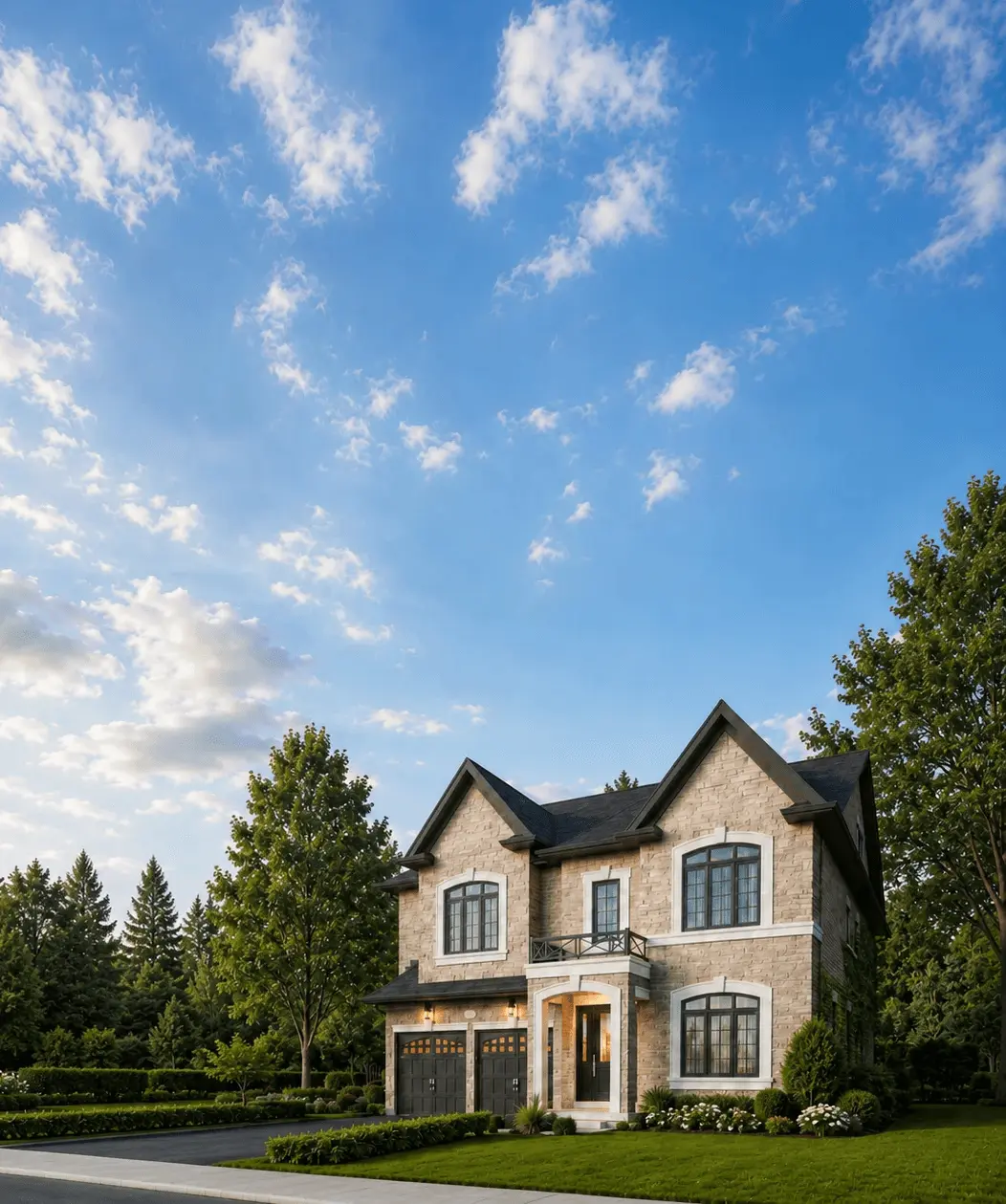 New custom infill home in established Pickering neighbourhood — stone facade with warm interior lighting