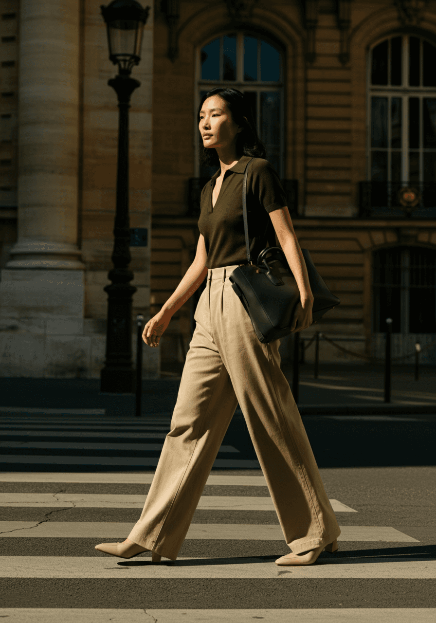 Asian woman walking down the street with a green handbag.