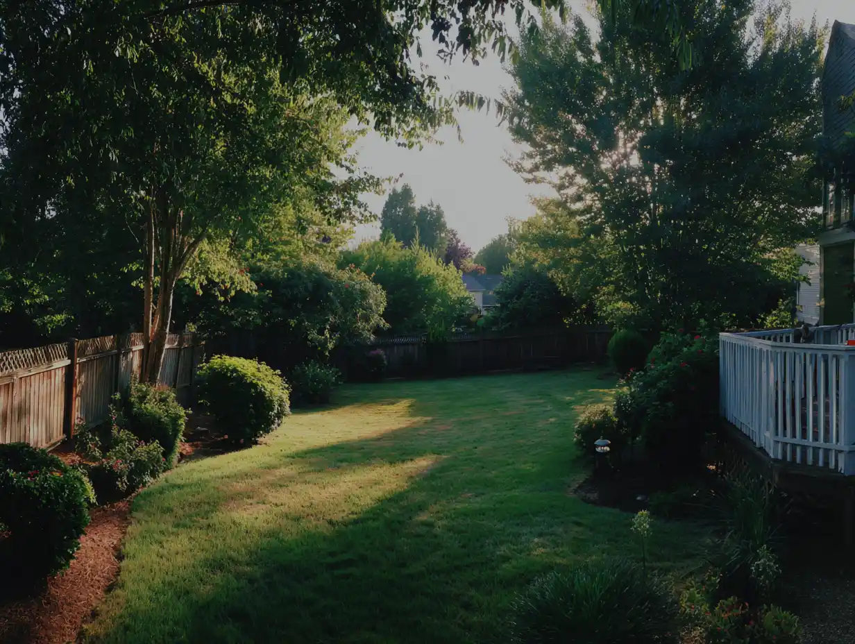 Sunlit backyard with lush green grass, bordered by a wooden fence and abundant trees. A white deck extends from a house on the right, casting gentle shadows. Calm and serene.
