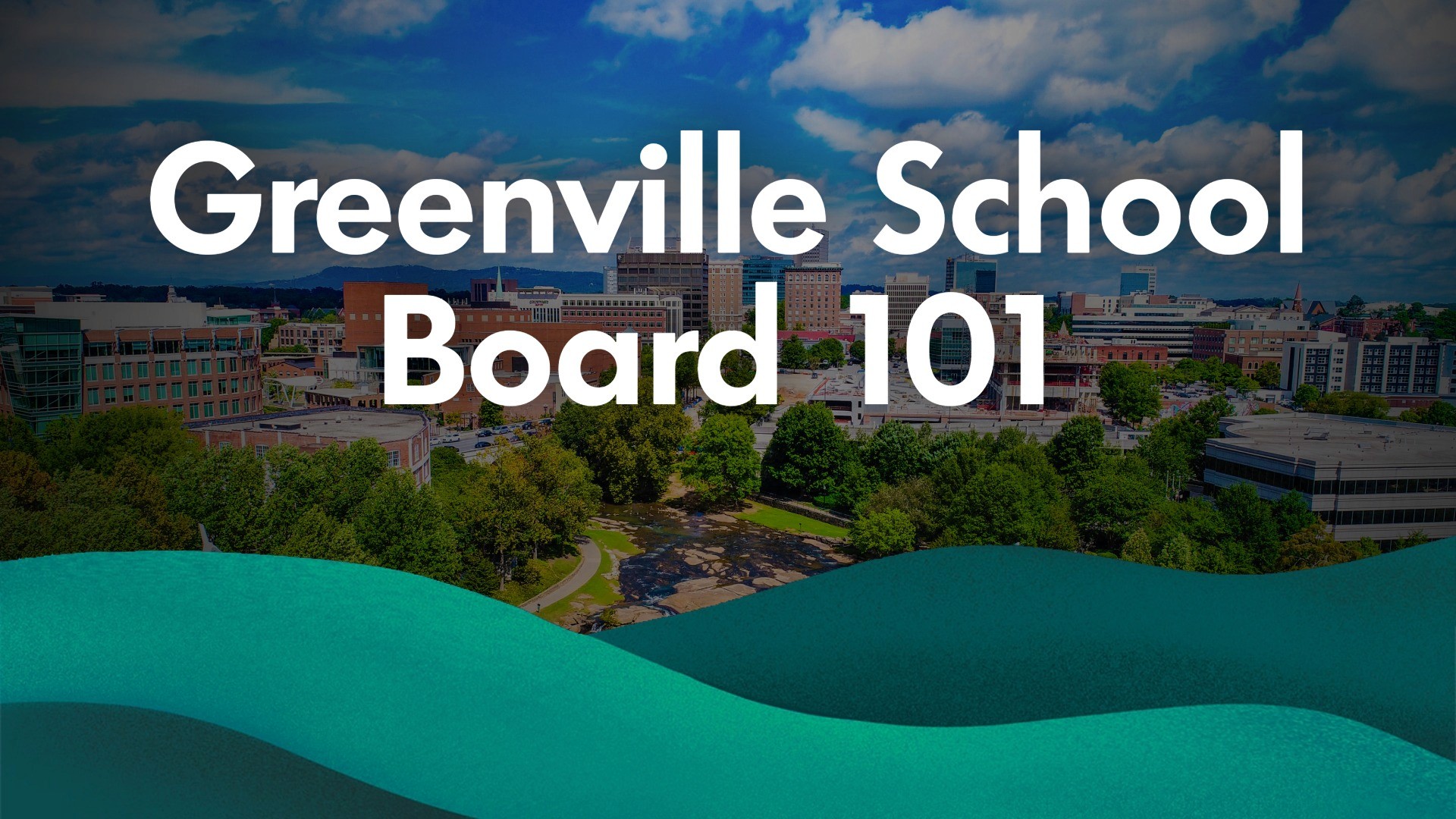Simple Civics Ed Talks podcast thumbnail featuring an aerial view of downtown Greenville, SC with the title text "Greenville School Board 101".