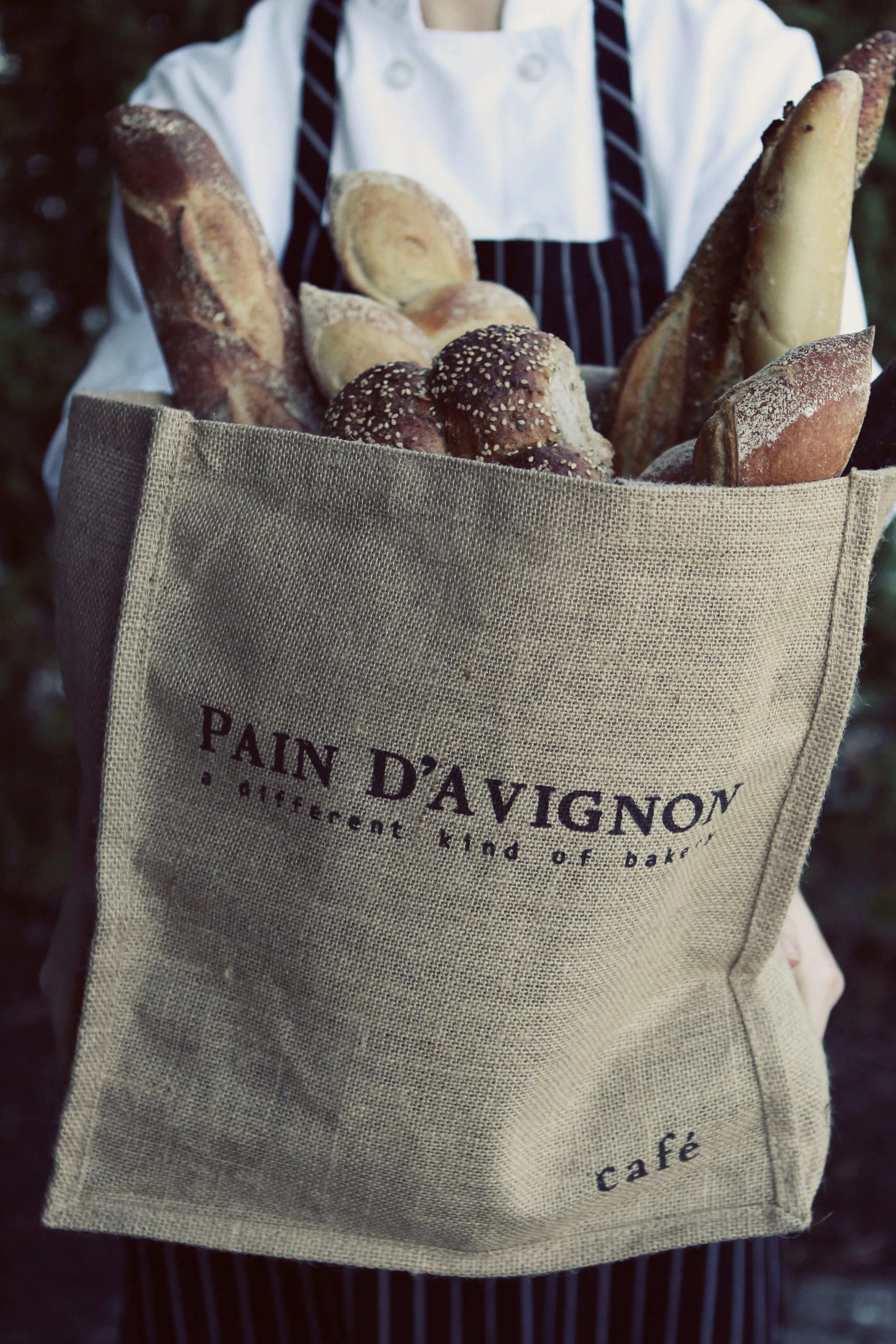 Fresh bread in a Pain d'Avignon branded tote bag being held by a baker