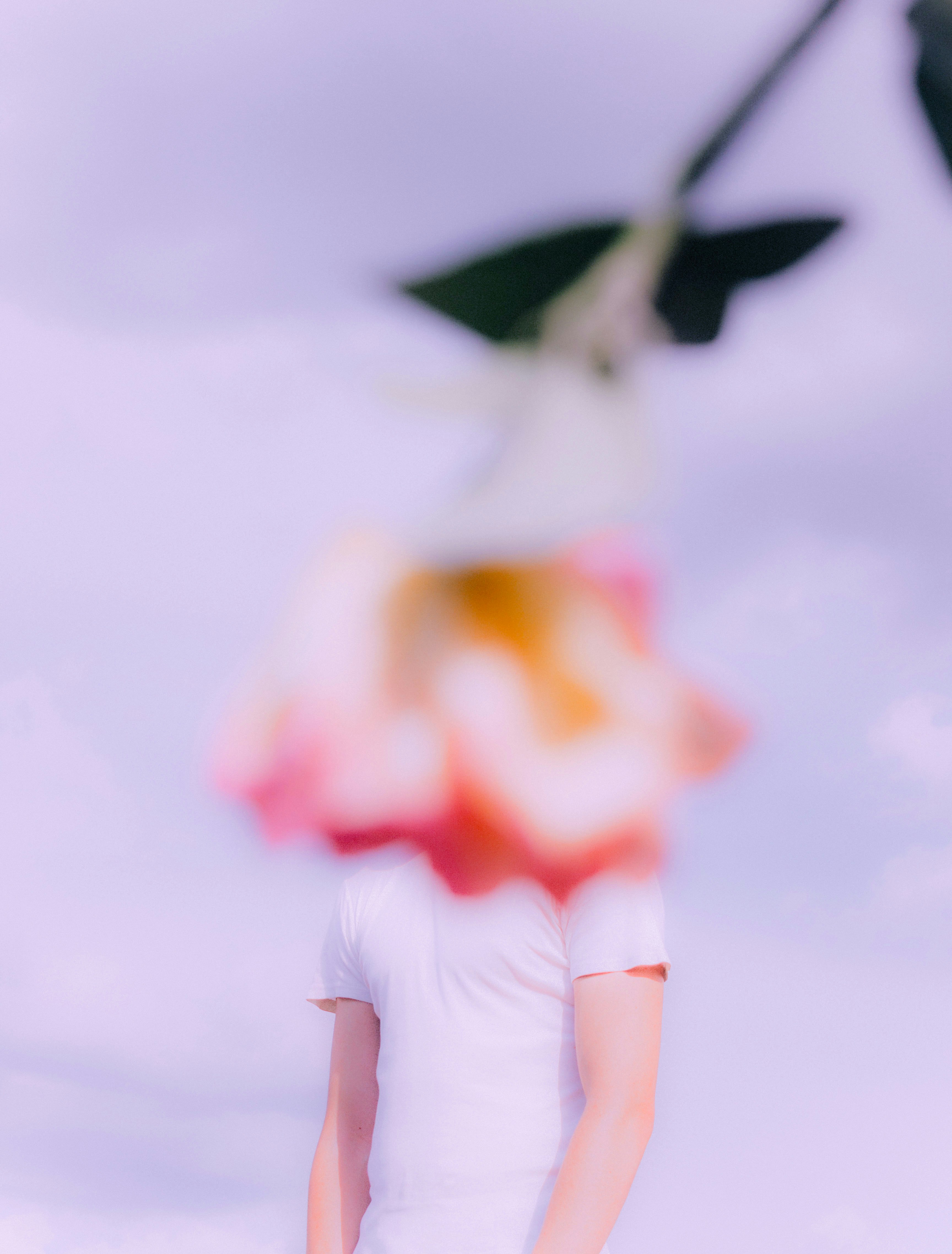 Person with flower obscuring face against pastel sky