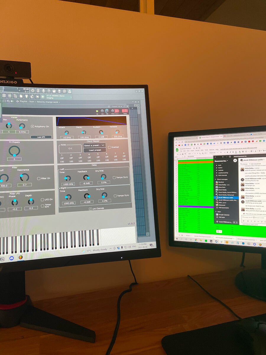 two computer monitors with displaying an audio interface