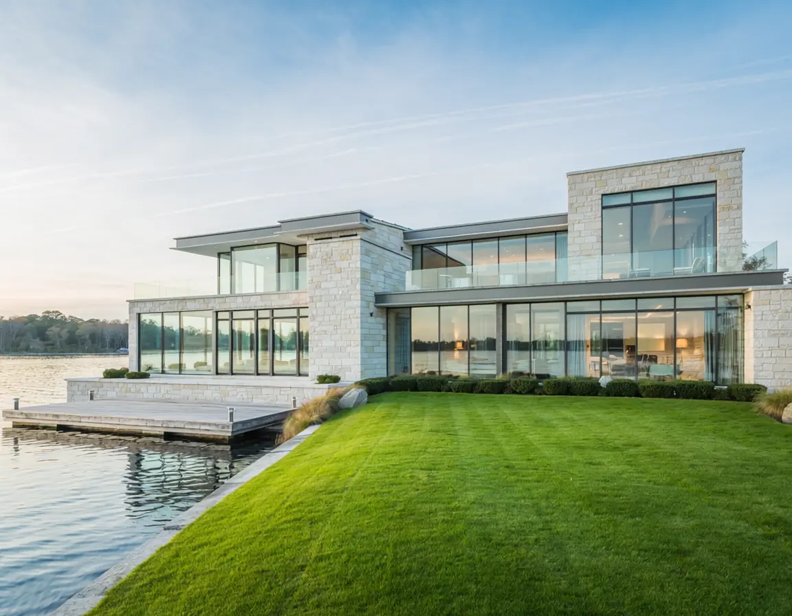 Exterior view of a contemporary stone and glass waterfront estate featuring a private wooden dock, manicured lawn sloping to the water, and expansive glass walls