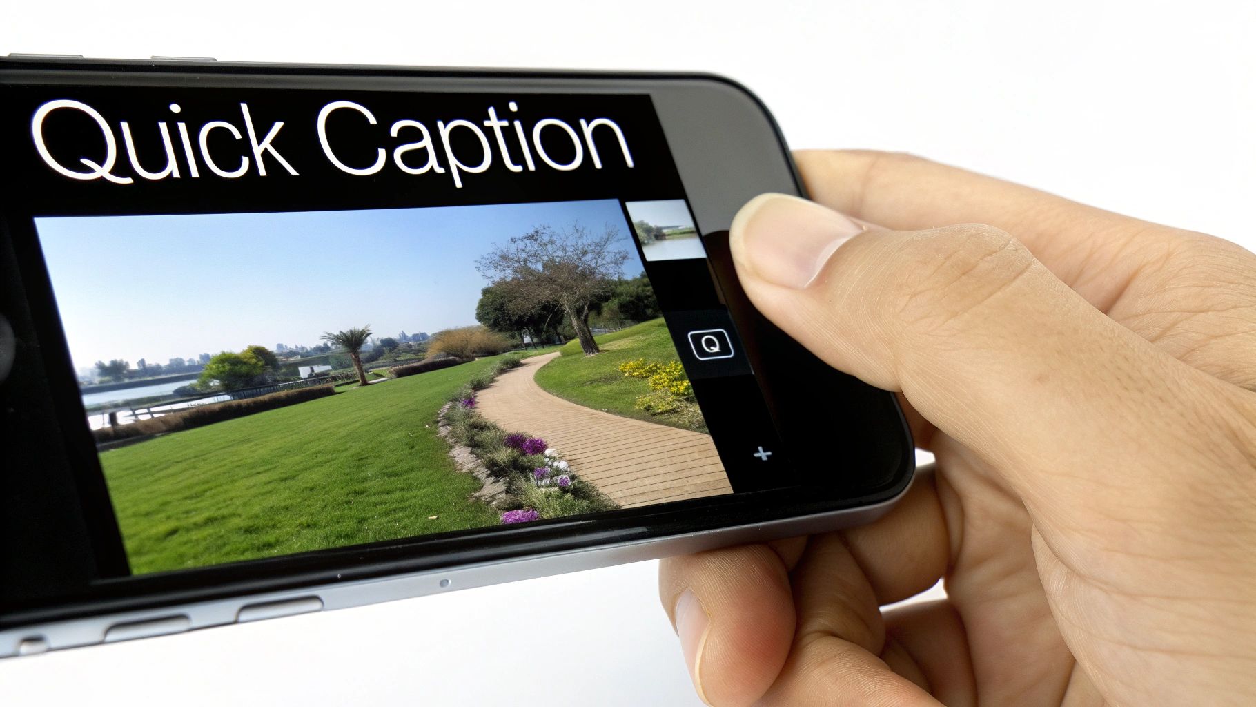 A hand holds a smartphone displaying the 'Quick Caption' app with a scenic park photo.